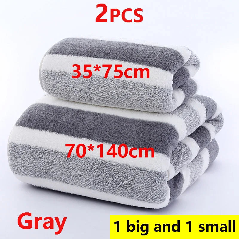 2PCS Thickened Absorbent Bath Towel Striped Pattern Towel Set Soft Face Towel for Home Bathroom Spa Quick Drying Microfiber