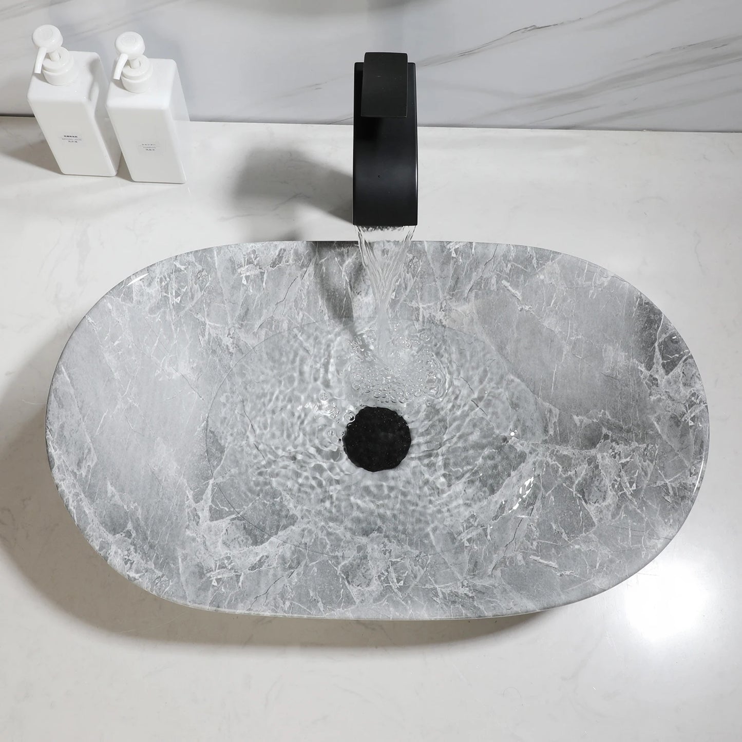 JIENI European Style Bathroom Sink Set Ceramic Washbasin Black Waterfall Faucet Pop Up Drain Combo Oval Counter Top Sinks