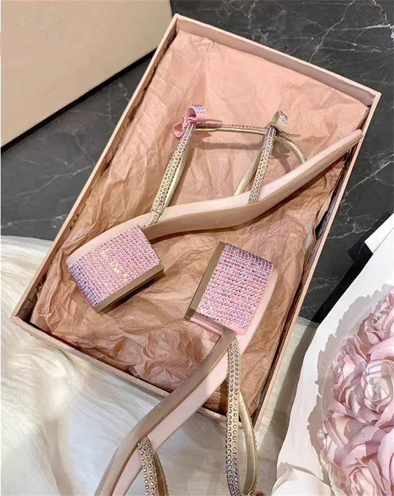 Hlieny Silver Crystal Bowknot Slipper Summer Outdoor Sandal Women Square Low Heel Beach Slip On Flip Flop Slides Shoes Size 40