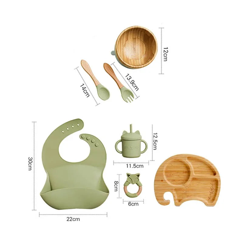 Wooden Dinner Plate Feeding Supplies Bamboo Baby Tableware Silicone Suction Plate Bowl BPA Free Baby Stuff Newborn Accessories