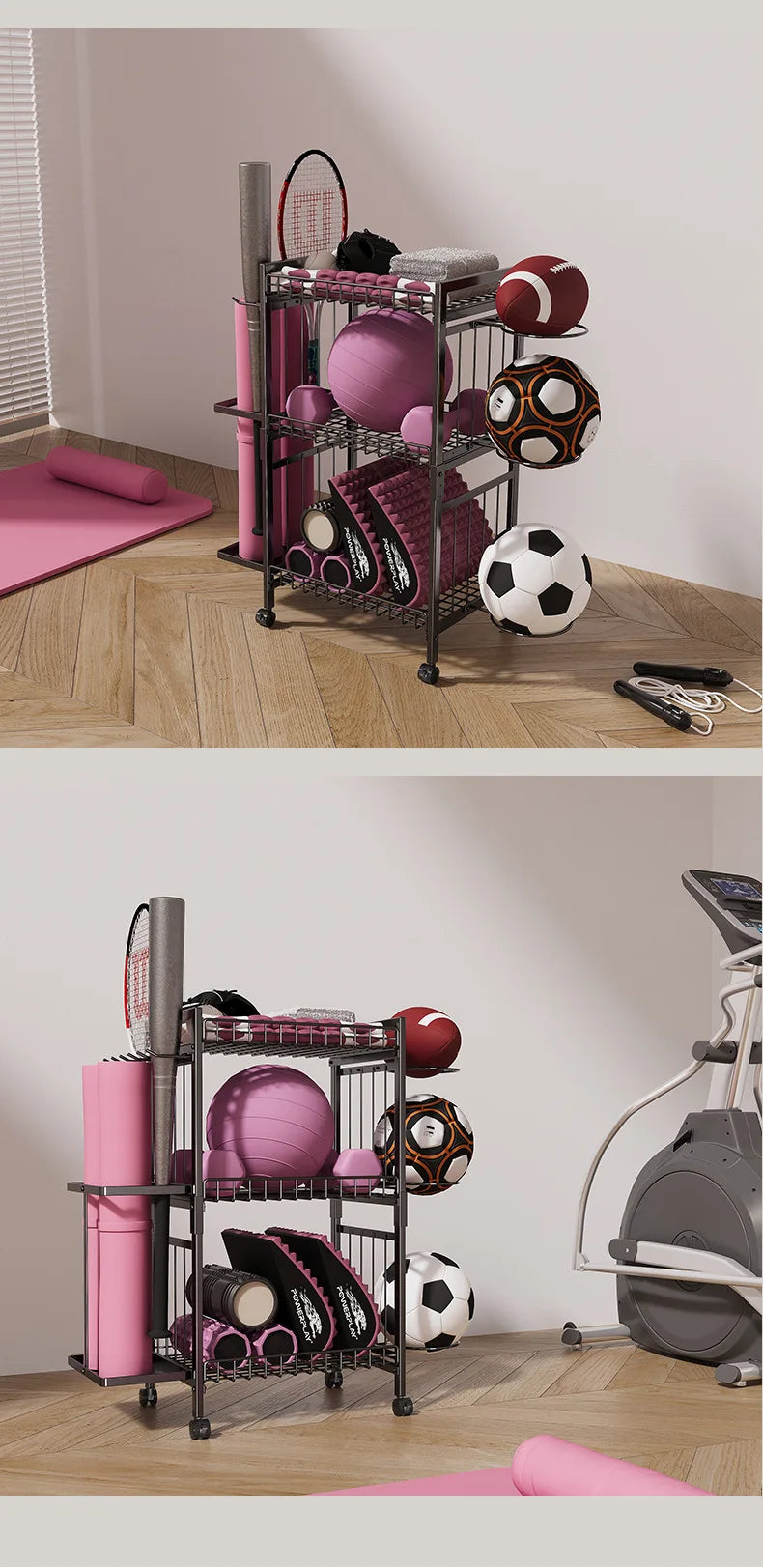 Disassemble and Assemble Sports Equipment Rack Universal Roller Design Basketball Yoga Mat Fitness Equipment Storage Basket