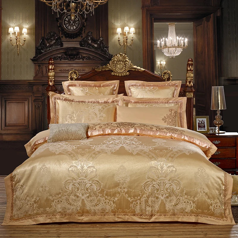 Sliver Gold Luxury Silk Satin Jacquard duvet cover bedding set queen king size Embroidery bed set bed sheet/Fitted sheet set