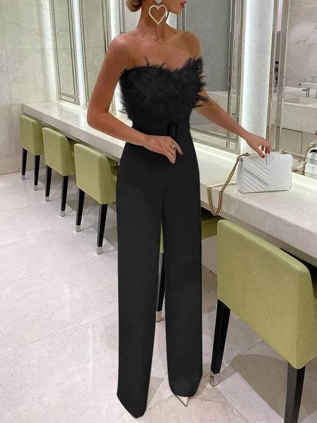 Jumpsuit Women Elegant Long Jumpsuit Strapless Slash Neck Feather Tube Top Sexy Fashion Party Night Evening Jumpsuit 2021 Summer - AIAZ