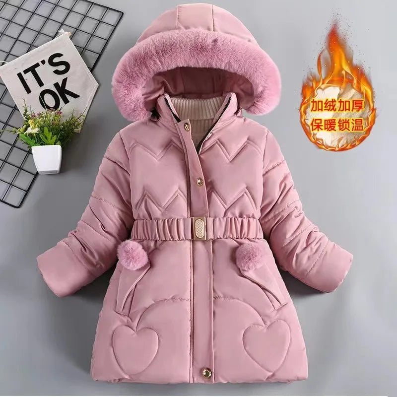 4 5 6 8 10 Years Winter Girls Coat Keep Warm Thicken Kids Jacket Hooded Zipper Fur Collar Princess Outerwear Children's Clothing