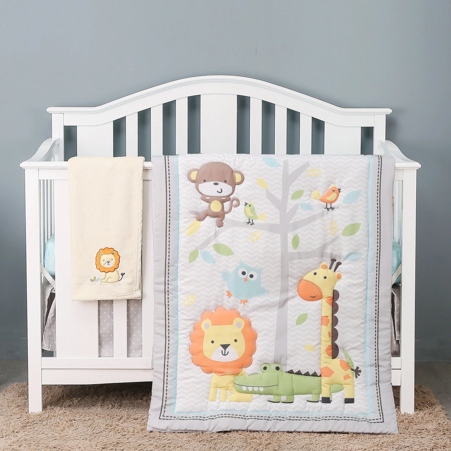 4Pcs Baby Bedding Crib Set Nursery Bedding Set Cot Bedding Set Infant Nursery Room (Comforter Fitted Sheet Crib Skirt Blanket)