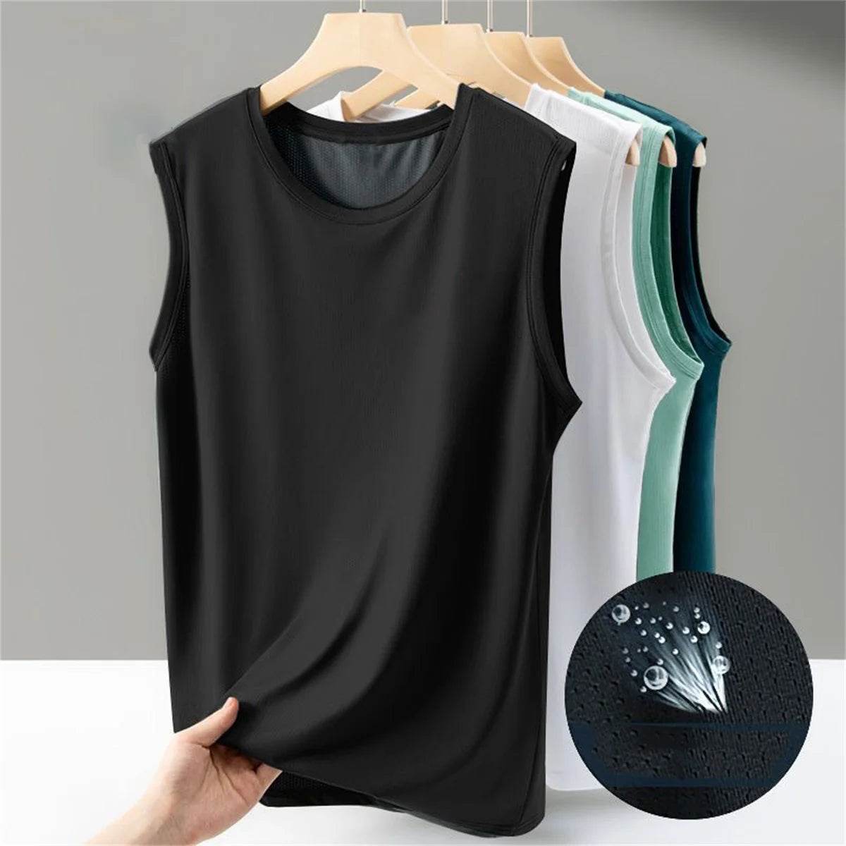 Men's solid color casual sleeveless tank top round neck Breathable Vest sweat drying tank top suitable for summer sports - AIAZ