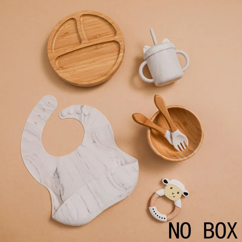 Wooden Dinner Plate Feeding Supplies Bamboo Baby Tableware Silicone Suction Plate Bowl BPA Free Baby Stuff Newborn Accessories
