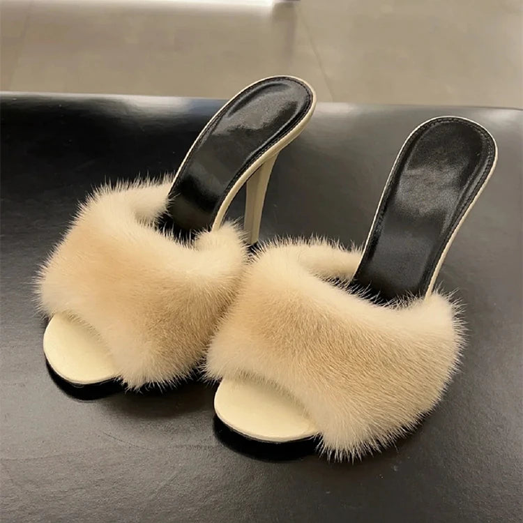 Thin high-heeled slippers summer new round-toed fish mouth fur leather fashion slippers banquet dress mink fur women's sandals