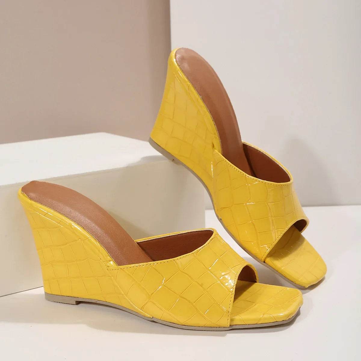 Snake Print Leather Wedges Shoes For Women Mules Slippers Summer Square Toe High Heels Gladiator Sandals Slides 2023 - AIAZ