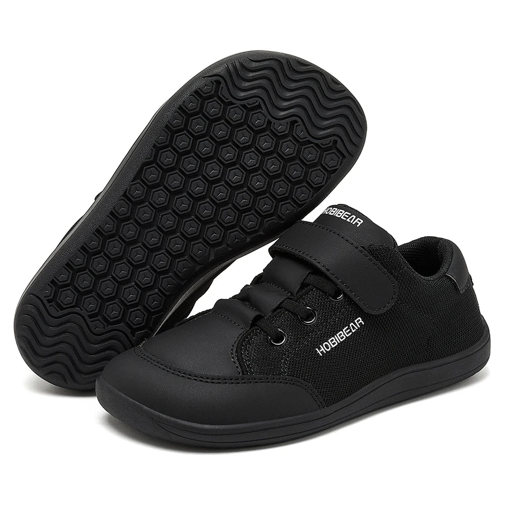 HOBIBEAR Kids Wide Toe Barefoot Shoes Boys Girls Minimalist Sneakers Lightweight Hook Loop Mesh Artificial Leather Shoes