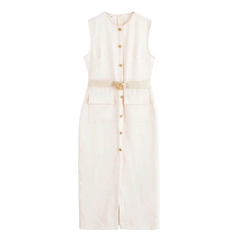 MUJER 2025 Womens Dresses Black Office Long Dresses for Women Spring Sleeveless Midi Dress Woman Belt Button Women's Dress Vest - AIAZ