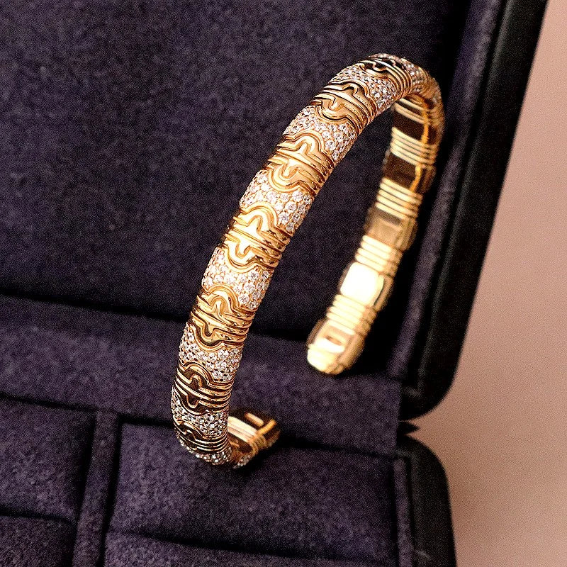 BELLUX Vintage Luxury Bracelet 925 Silver Gold Plated Full Diamond Distinctive Snake Open Bangle Unisex Jewelry