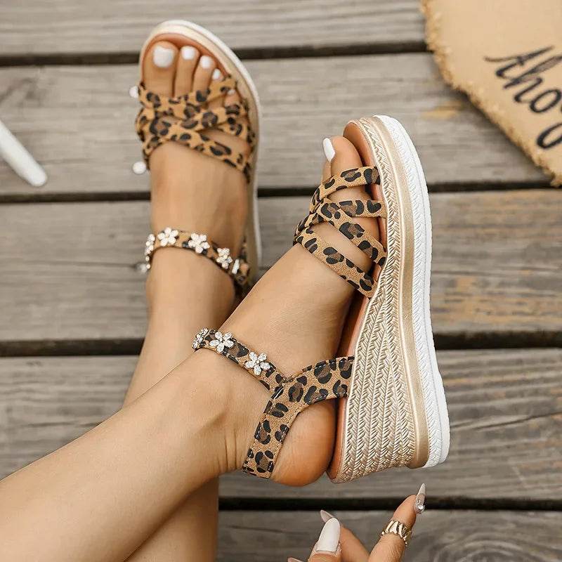 2025 Leopard Print Wedge Heel Sandals Women Fashion Crystal Flowers Thick Bottom Sandalias Mujer High Heeled Platform Sandles 43 - AIAZ