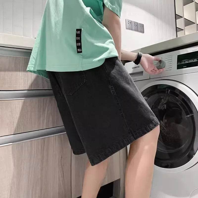 2025 Men's minimalist denim shorts with high-end washing technology from Europe and America, versatile basic five quarter pants - AIAZ
