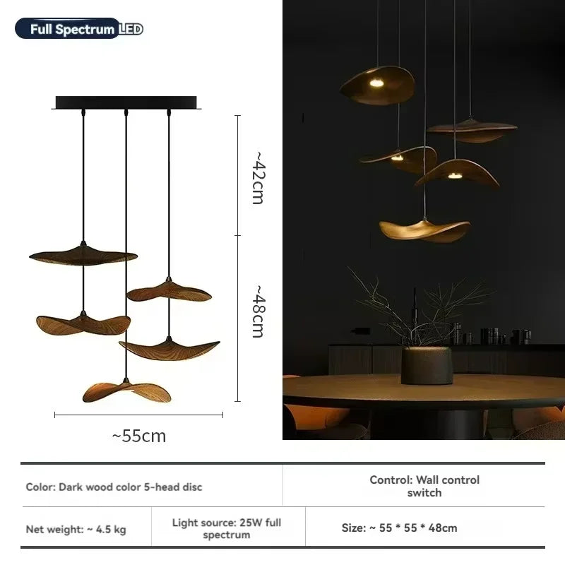 Japanese Lotus Leaf Chandelier Wabi Sabi Solid Wood Lamp Living Dining Room Zen Tearoom Villa Duplex Kitchen Island Linear Light