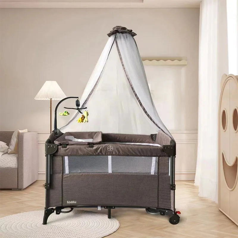 Baby Crib Multifunctional Simple with Mosquito Net Foldable Removable Children's Patchwork Playpen Bedside Crib with Toys