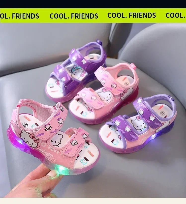 2024 Summer Baby LED Light Sandals For Girls Cute Hello Kitty Children's Casual Shoes Anti-slip Kids Beach Shoes Outdoor Shoes