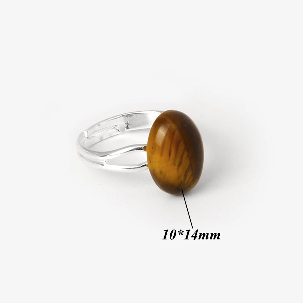 Cabochon Natural Stone Ring 10*14MM Oval Agates Turquois Quartzs Gem Finger Ring Silver Color Adjustable Open Rings Jewelry Gift