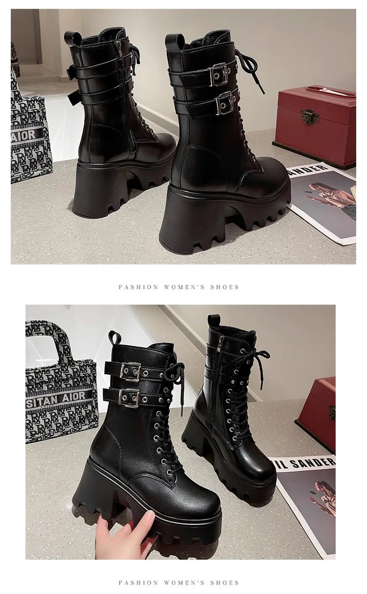 Trend Punk Women's Boots Buckle Platform Boots Mid-calf Gothic Boots for Women Autumn Ladies Motorcycle Boot Pu Leather Shoes