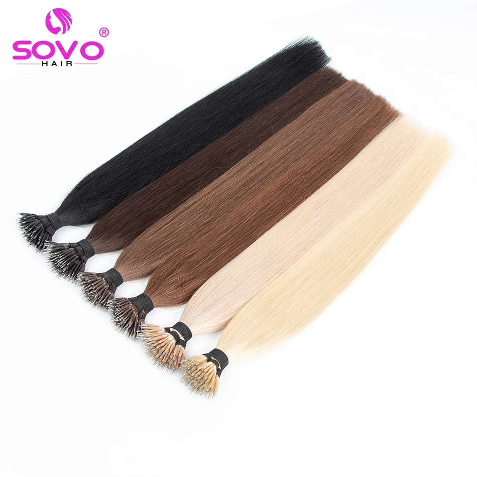 SOVO 100 Strands Nano Rings Human Hair Extensions Natural Blonde Micro Bead Loop Pre Bonded Remy European Straight Hair