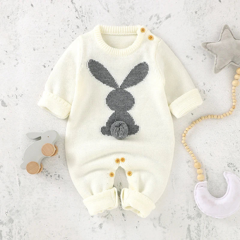 Cute Rabbit Knitted Baby Rompers Clothes Spring Autumn Crew Neck Long Sleeves Newborn Boys Girls Easter Jumpsuits Outfits 0-18m
