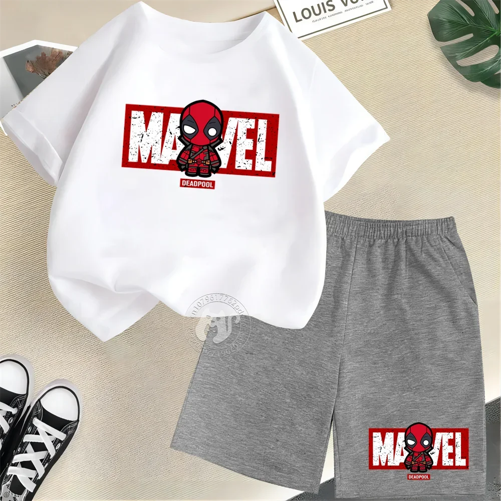 Superhero Summer Kids 100% Cotton T-shirt Street Mini Deadpool Print Short Sleeve T-shirt + Shorts Boys & Girls casual suit