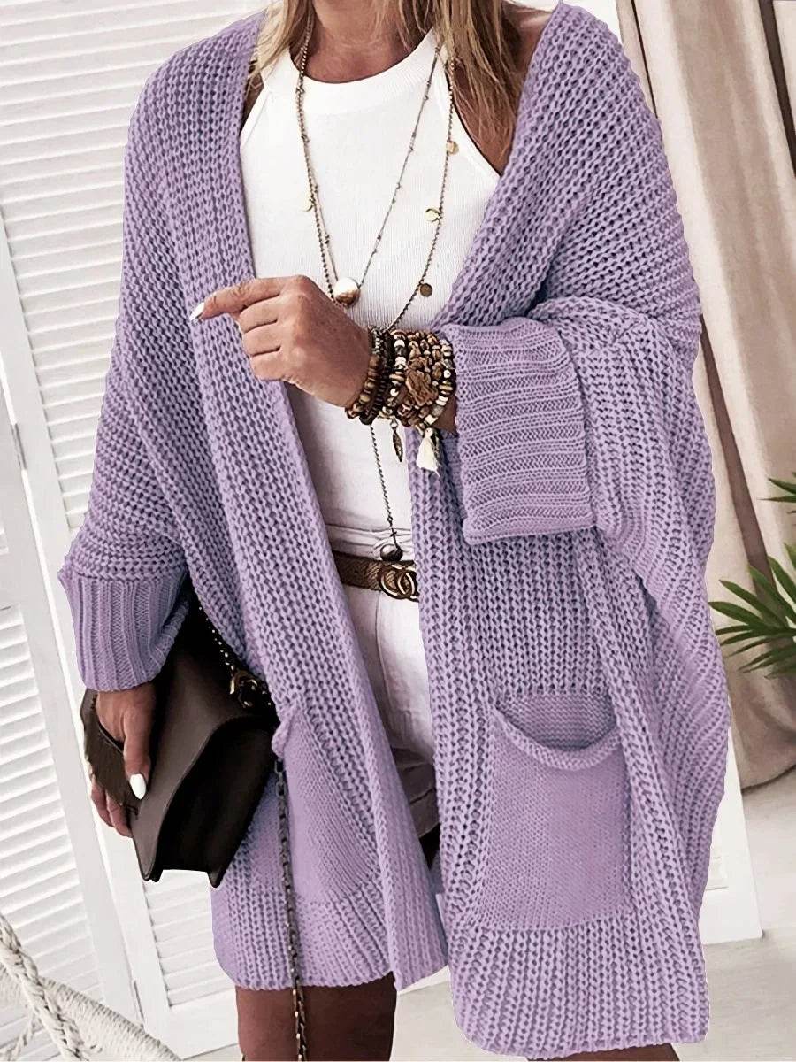 2025 New Knitted Long Cardigan for Women Autumn Casual Loose V-Neck Sweater Coats Ladies Elegant Solid Jumper Jacket with Pocket - AIAZ