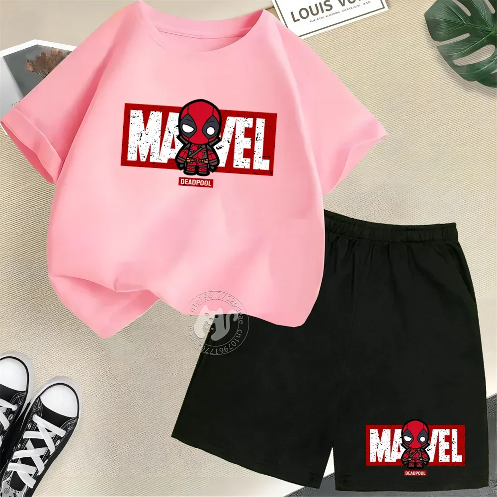 Superhero Summer Kids 100% Cotton T-shirt Street Mini Deadpool Print Short Sleeve T-shirt + Shorts Boys & Girls casual suit