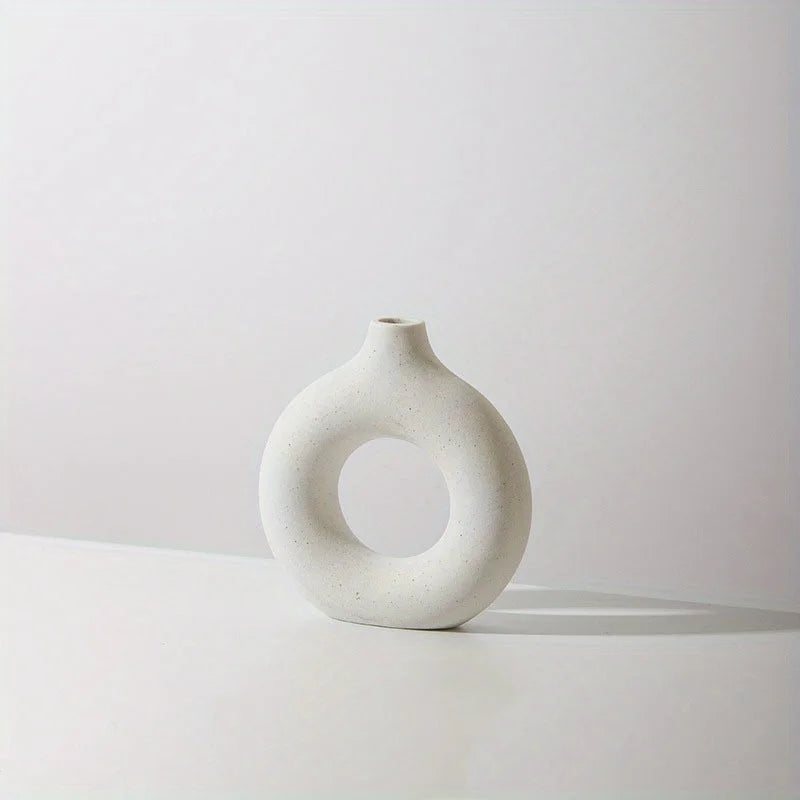 1pc, White/Beige Ceramic Vase Vases For Decor, Modern Home Decor Vase, Boho Vases For Decor, Circle Vase, Round Vase, Donut Vas
