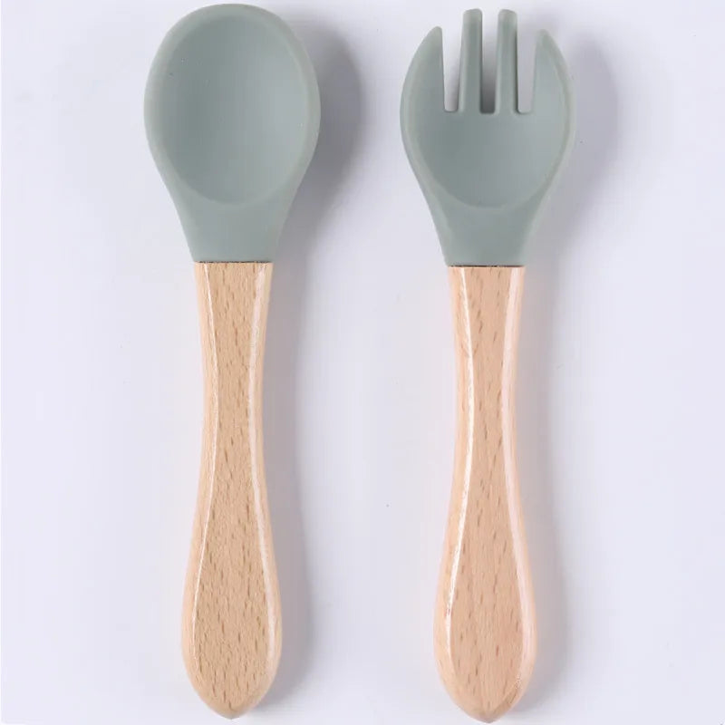 Custom Name Personalized Baby Bamboo Fork Silicone Wooden Feeding Spoon Toddlers Infant Feeding Accessories Organic BPA Free