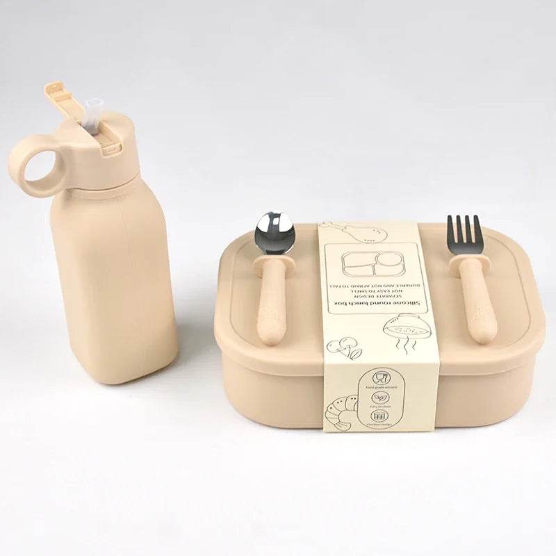 4PC/Set Silicone Bento Box Straw Water Bottle Leak-Proof Lunch Container Fork Spoon With Packaging Card BPA-Free Dishwasher Safe - AIAZ
