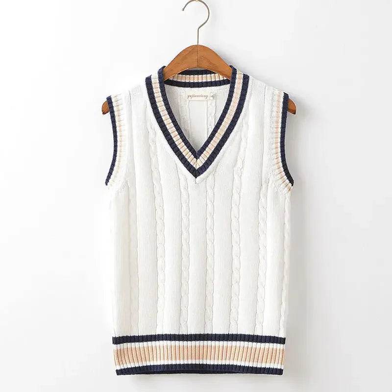 Sweater Vest Men Thicken V-neck Sleeveless Knitted Sweaters Vests Striped Retro Preppy-style Simple Chic Loose Casual All-match - AIAZ