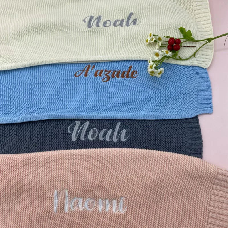 Embroidered Name Knitted Blanket Stroller Cover Kids Cotton Nap Blanket for Newborn Shower Gifts