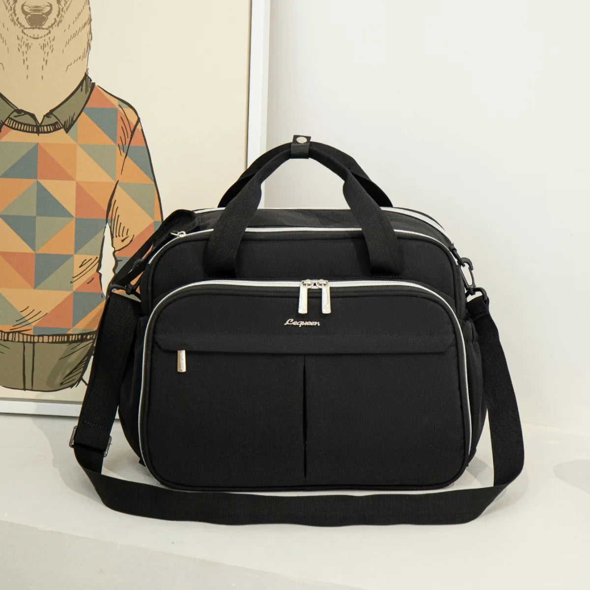 Lequeen New Maternity Mommy Travel Bag Black Shoulder Bag Handbag Tote Dry and Wet Separation Baby Diaper Stroller Bag