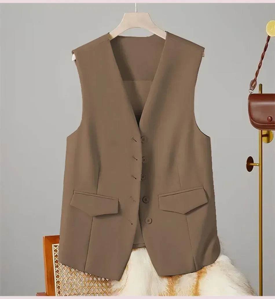 Women Suit Vest Elegant Women's V Neck Business Vest Sleeveless Waistcoat for Office Commute Style Solid Color Single-breasted - AIAZ