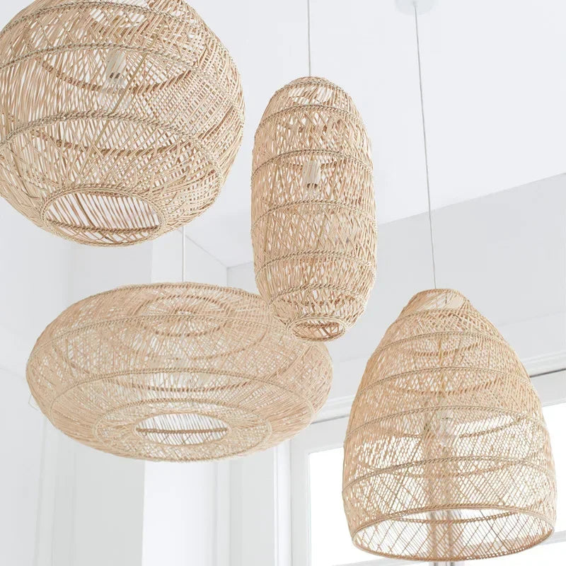 Japanese Style Wooden Woven Handmade Pendant Lights Restaurant Bedroom Study Room Chandelier Pastoral Rattan Tatami Chandeliers