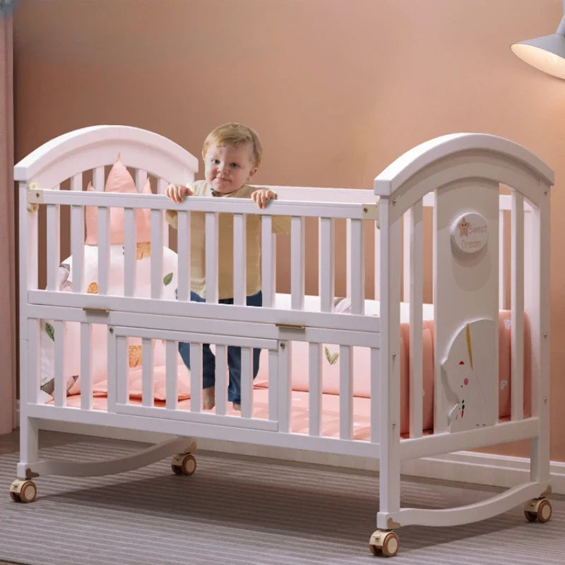 Solid wood spliced crib Multifunctional European style children's bed Movable newborn cradle large bed Baby Rest Chair