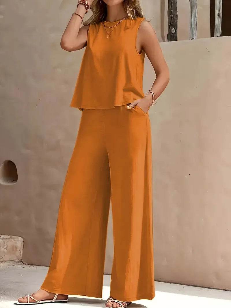 Women's Casual Set Solid Color Elegant Comfortable Round Neck Vest and Wide Leg Pants Two Piece Versatile Comfortable - AIAZ