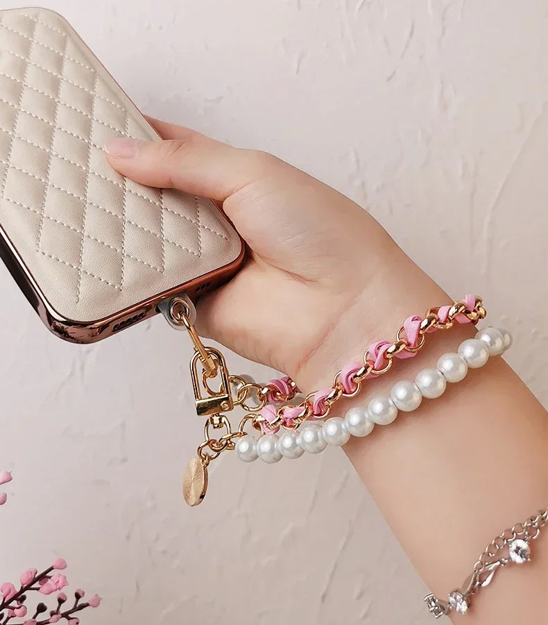 26cm Leather Pearl Camellia Mobile Phone Charm Bracelet Chain Anti-lost Universal Cell Phone Strap Rope Pendant Metal Key Chain