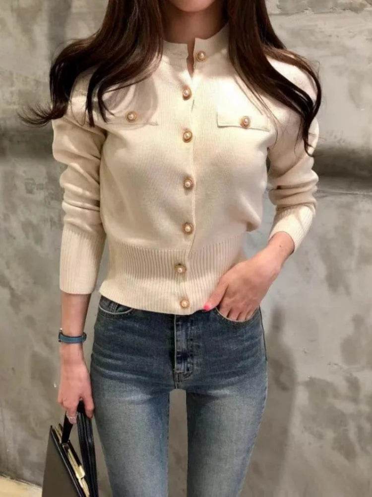 Women's Cardigan Sweater Decorative Pocket Button Solid Color Knitted Single-Breasted Jacket Women's Clothing - AIAZ