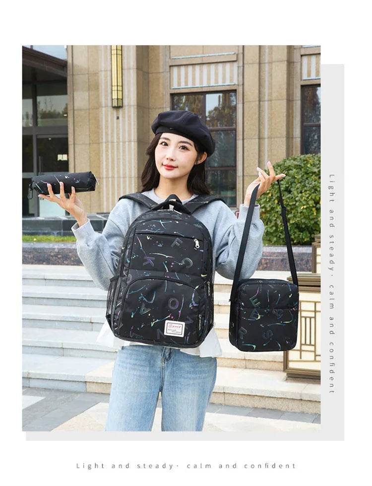Three piece set of large capacity school backpack versatile letter printed casual backpacks junior high school student schoolbag - AIAZ