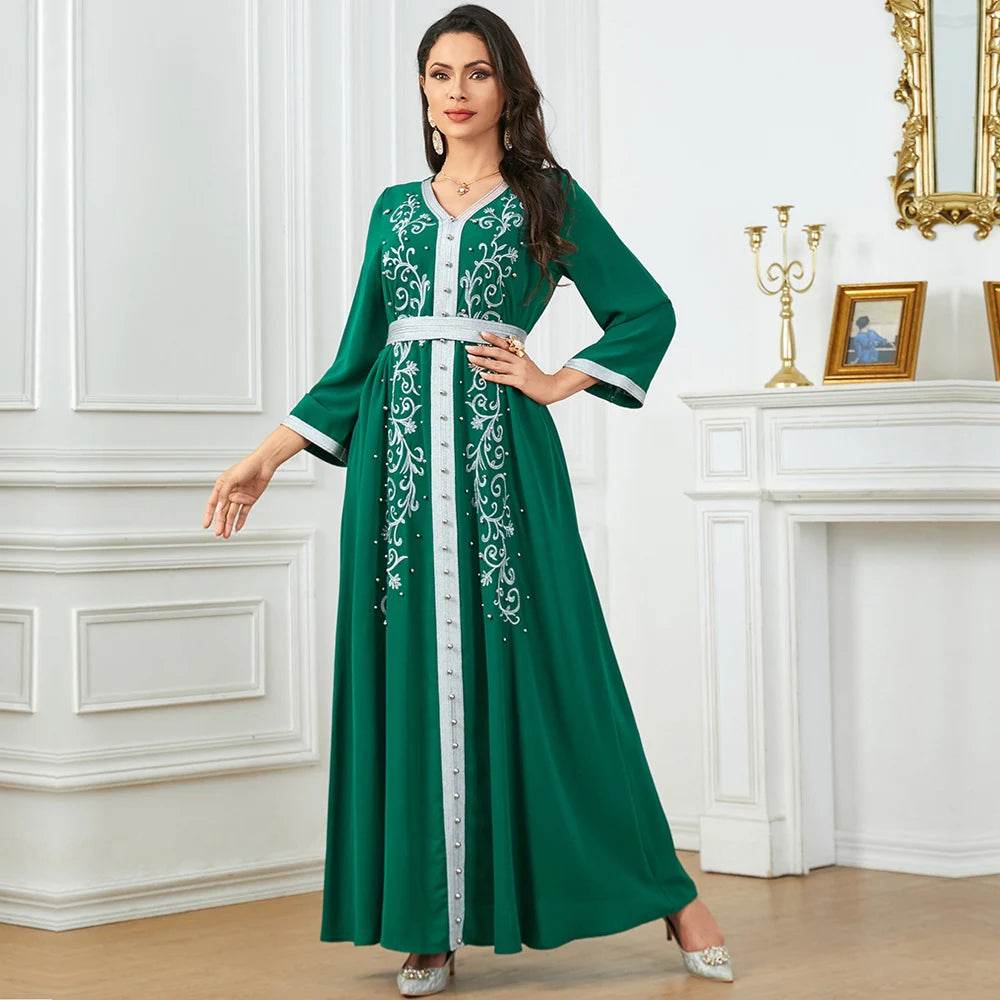Muslim Fashion Beading Ebroidered Print V-neck long-sleeved Dress Moroccan Islamic Dress With Belt Elegant Party Dress - AIAZ