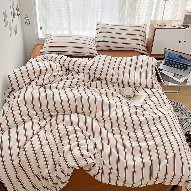 INS Stripe Series Printed Soft Bedding Set Duvet Cover Bedclothes Bedspread Pillowcases Flat Sheets Comforter Sets for Girls