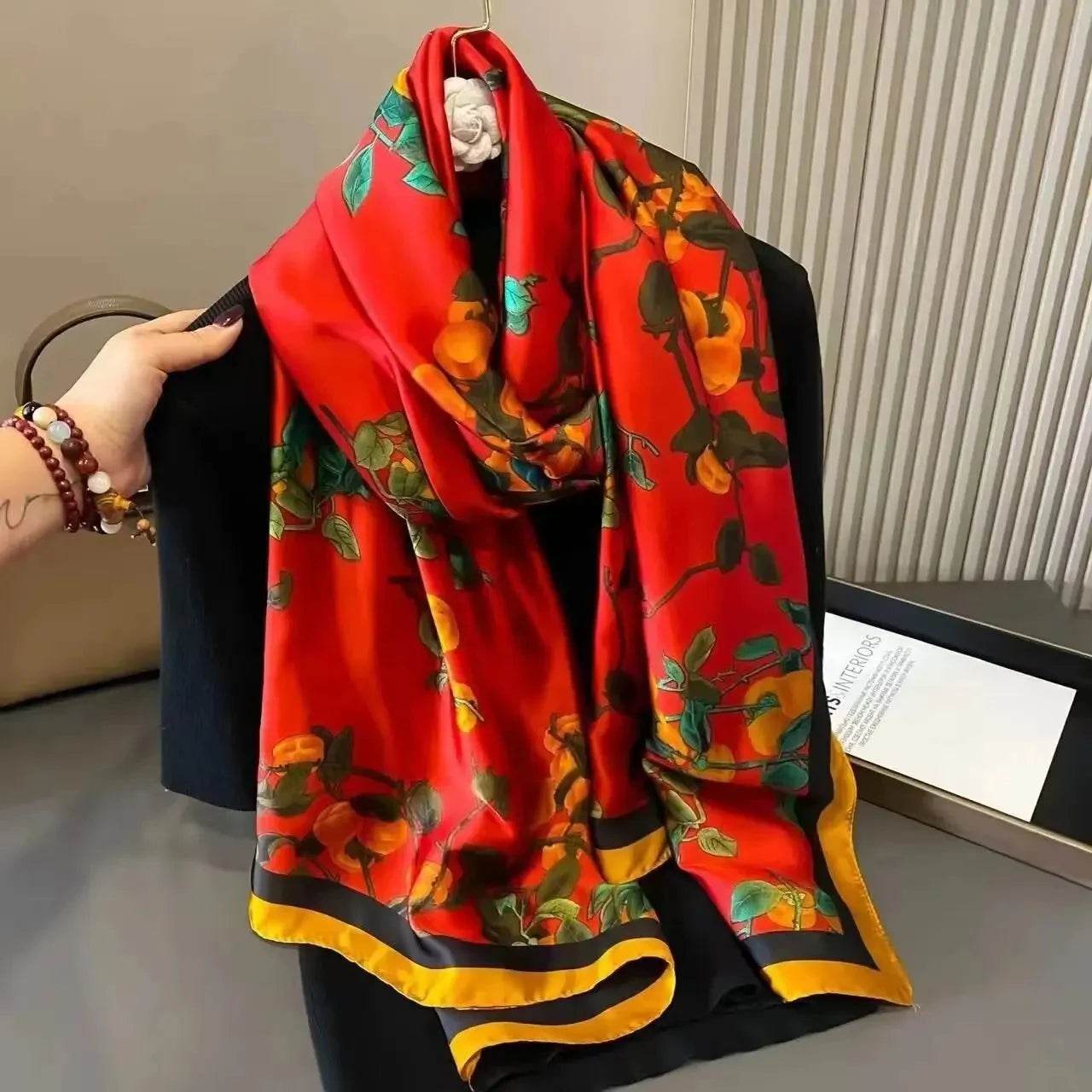 New Summer Women's Silk Scarf Sun Protection Satin Print Extra Long Beach Cover Up Decorative Mom's Shawl Fashionable Accessory - AIAZ