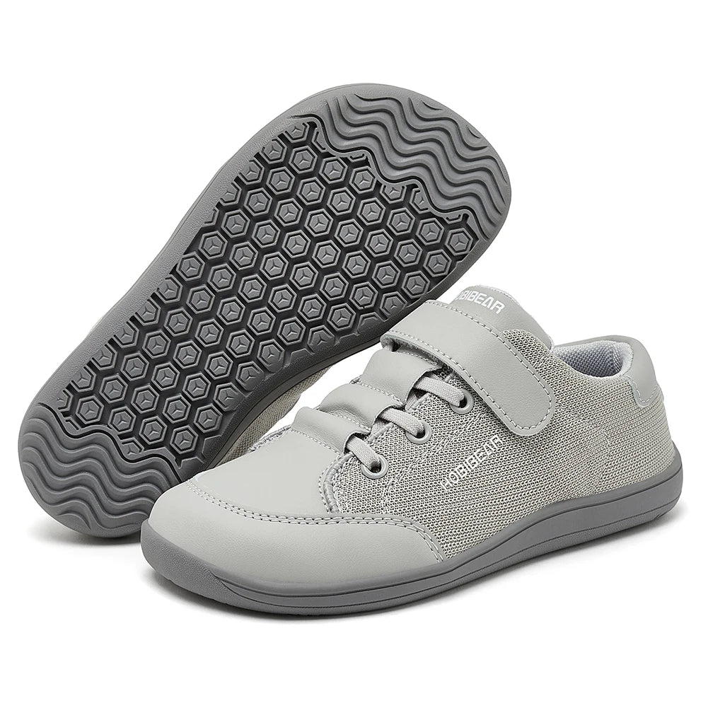HOBIBEAR Kids Wide Toe Barefoot Shoes Boys Girls Minimalist Sneakers Lightweight Hook Loop Mesh Artificial Leather Shoes