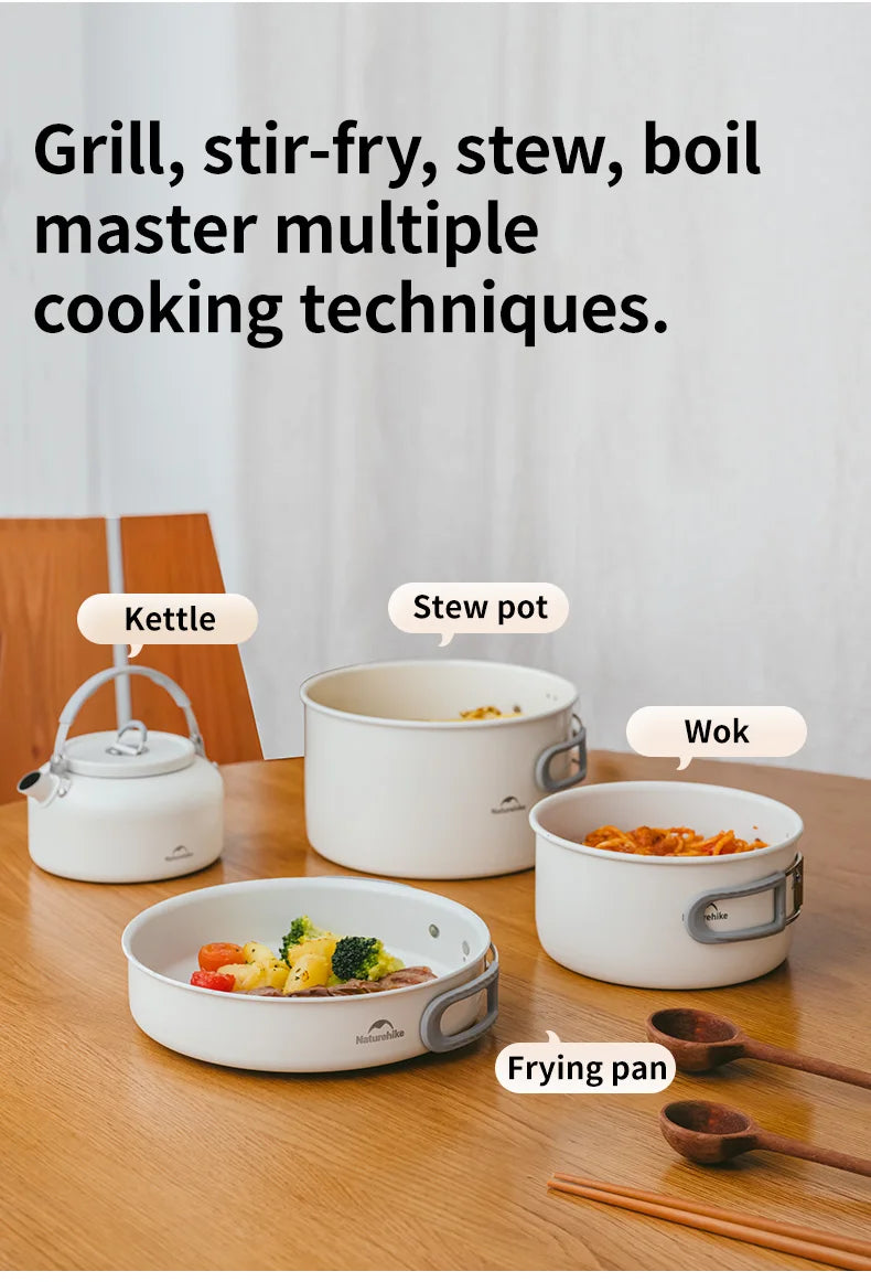 Naturehike Camping Cookware Ceramic Non-Stick Set Lightweight Portable Tableware Kettle Frying Pan Pot Cookset Kitchen Utensils