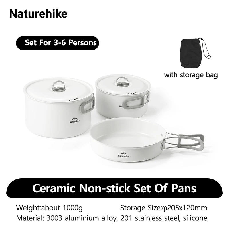 Naturehike Camping Cookware Ceramic Non-Stick Set Of Pots Outdoor Portable Tableware Kettle Frying Pan Cookset Kitchen Utensils