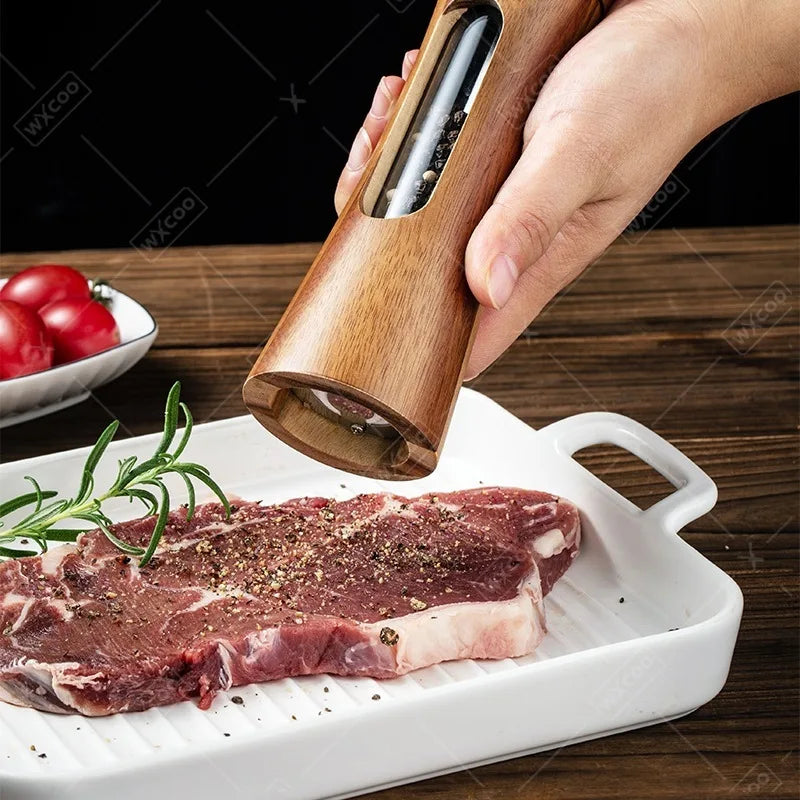 Wood Pepper Grinder Shaker Adjustable Ceramic Core Grinding Bottle with Base Wood Salt Pepper Mills for Kitchen Cooking BBQ