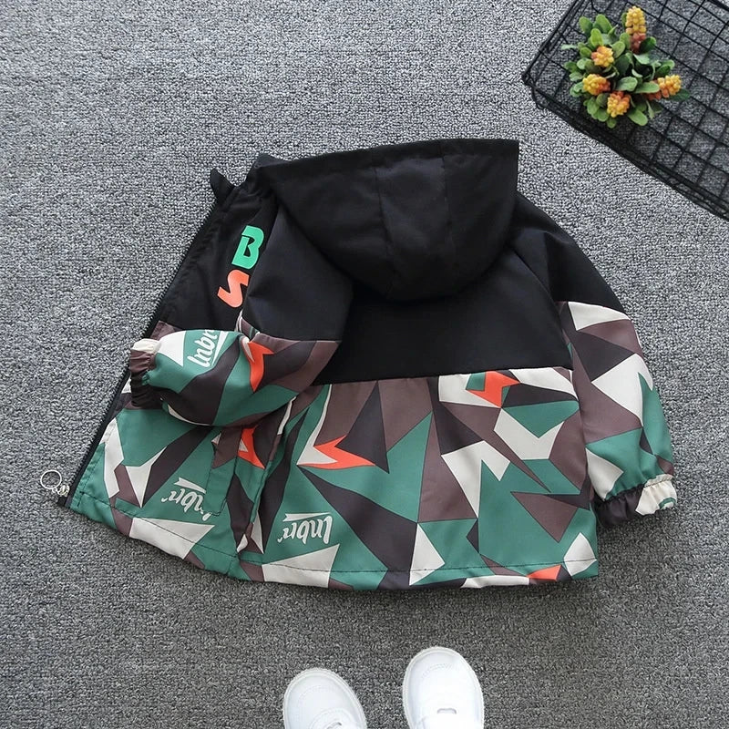 Kids Hooded Jackets Spring Boys Zipper Thin Windbreaker Coat Casual Print Girls Punching Children Outerwear Camouflage Jacket