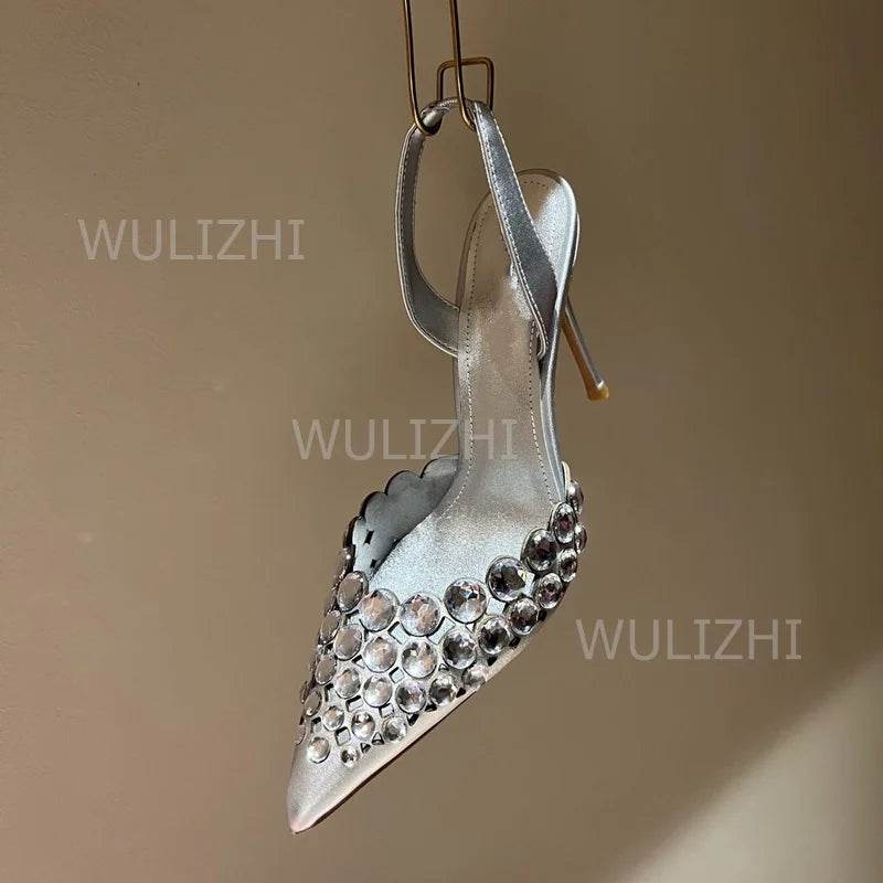 Silver Large Crystal Diamond Heels Sandals Shiny Women Red Leather Gold Slingback Pointed Toe Stiletto Black Bling Shoes Slip On - AIAZ